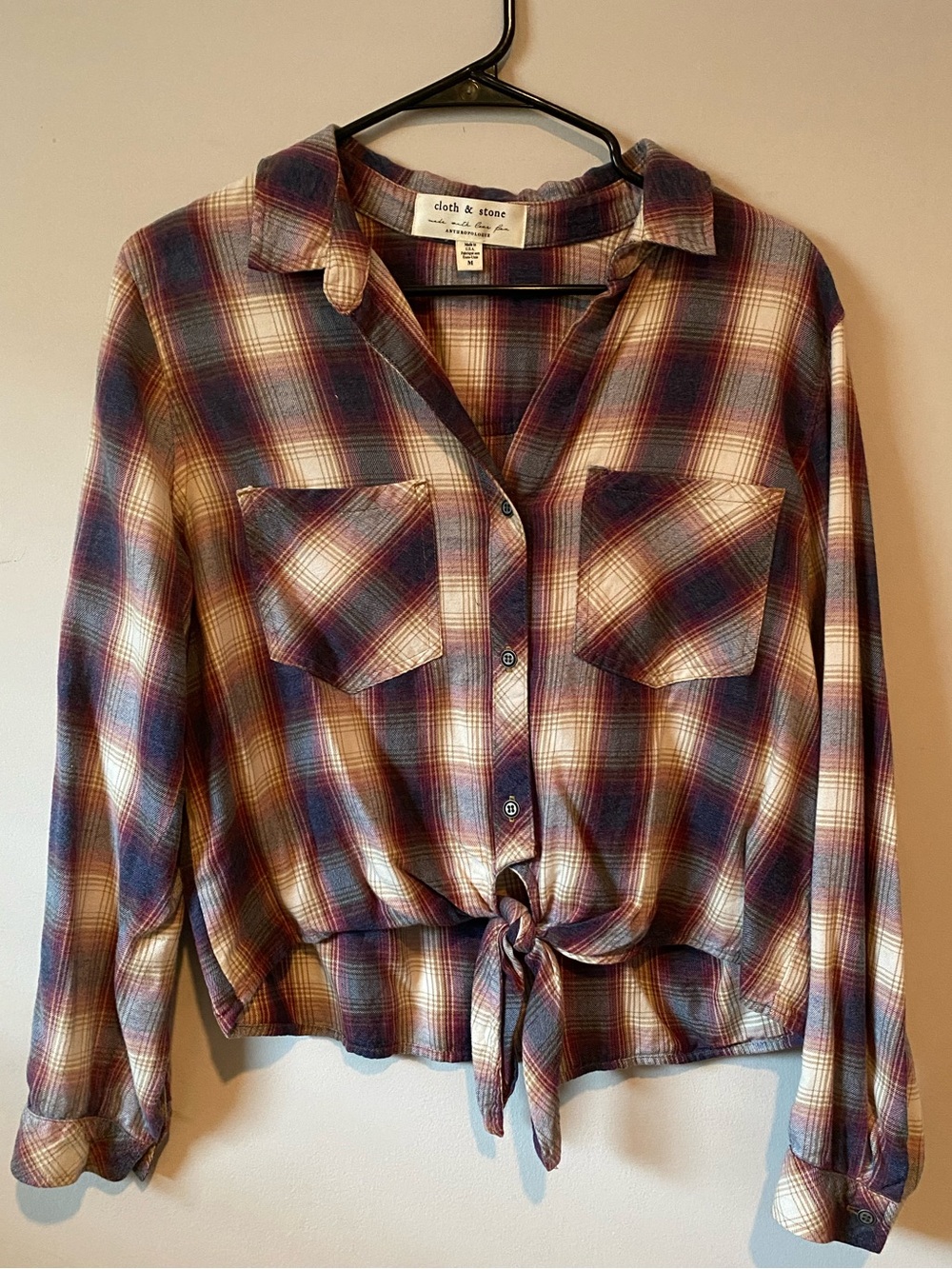 NWOT Cloth & Stone/Anthropologie button-down/tie blouse in plaid size M